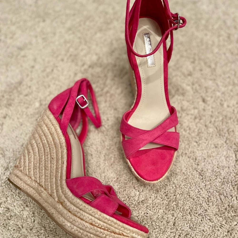 Hot pink and basket weave wedges